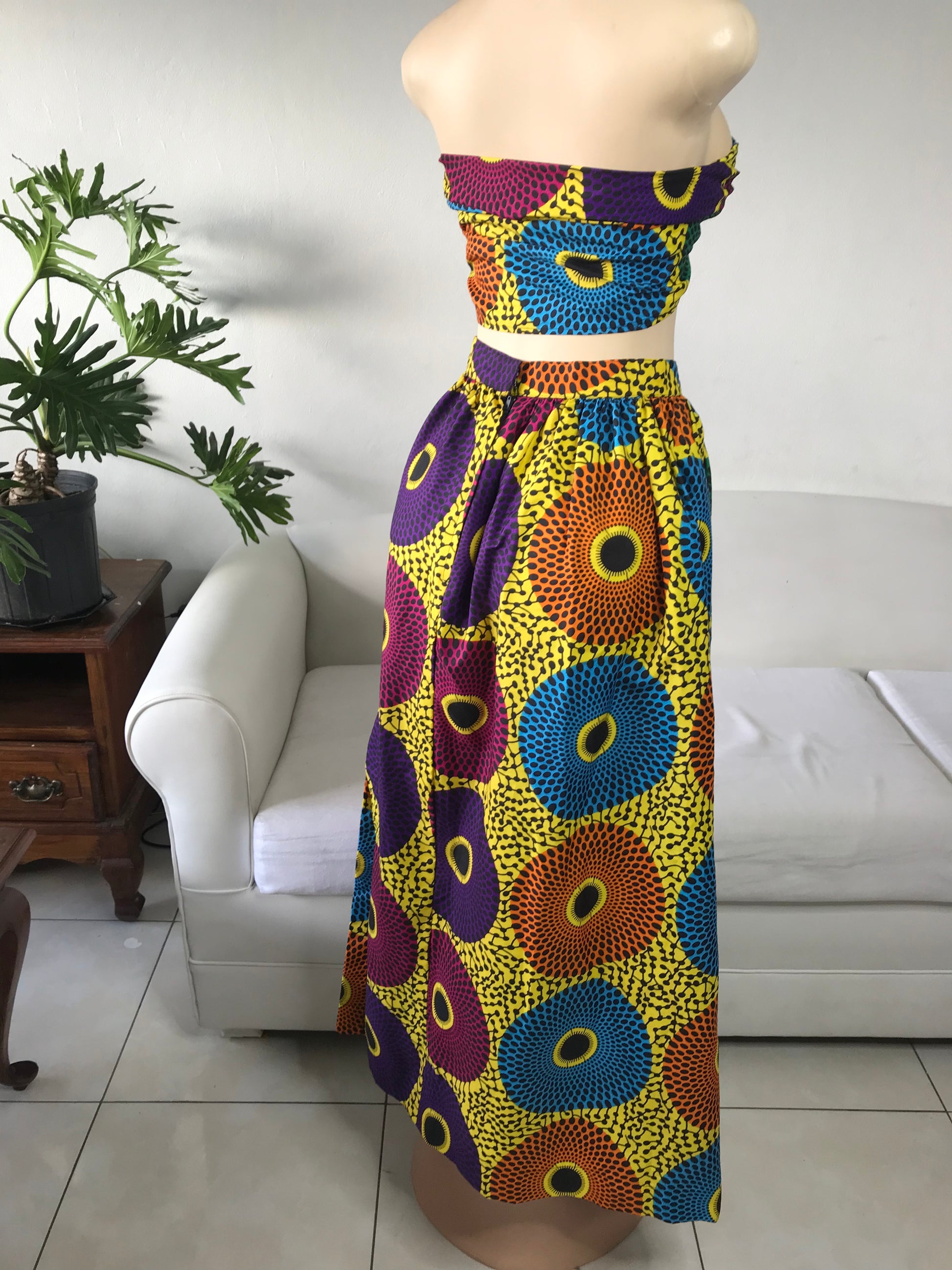 African Adinkra Print Balloon Maxi Skirt Set - S