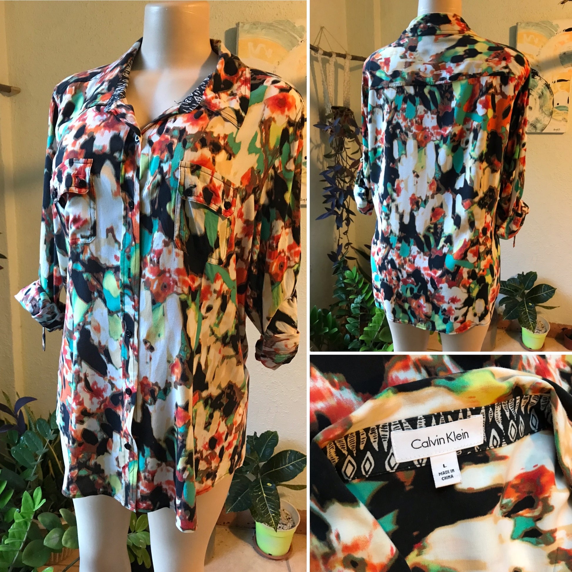 Calvin Klein Bold Print Button Down Shirt Cuffed