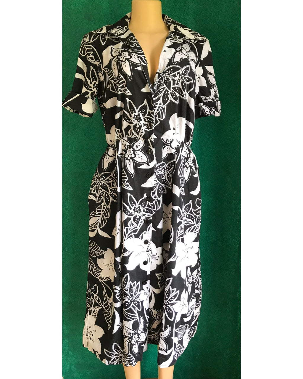 80s Vintage Sun Dress 100% Cotton Button Down B&W Flower