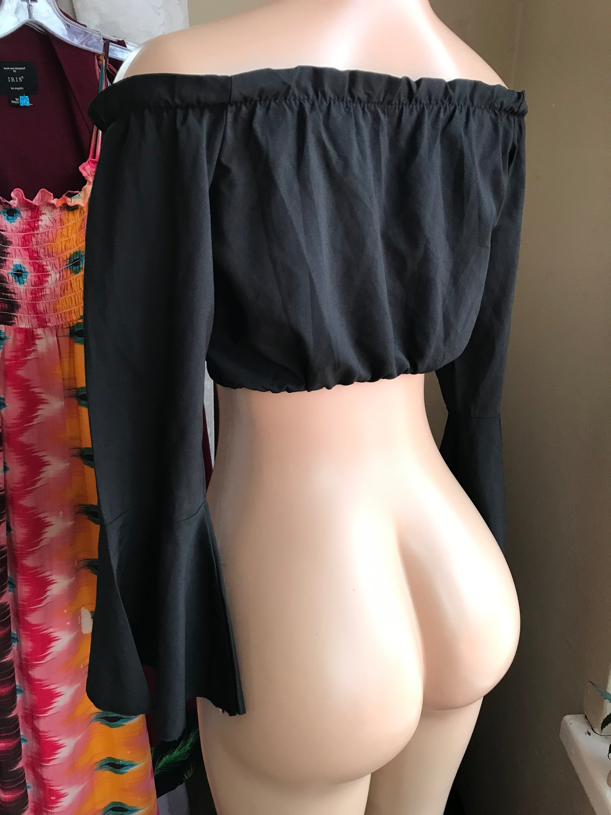 Black Bell Sleeve Ruffle Crop Top - S