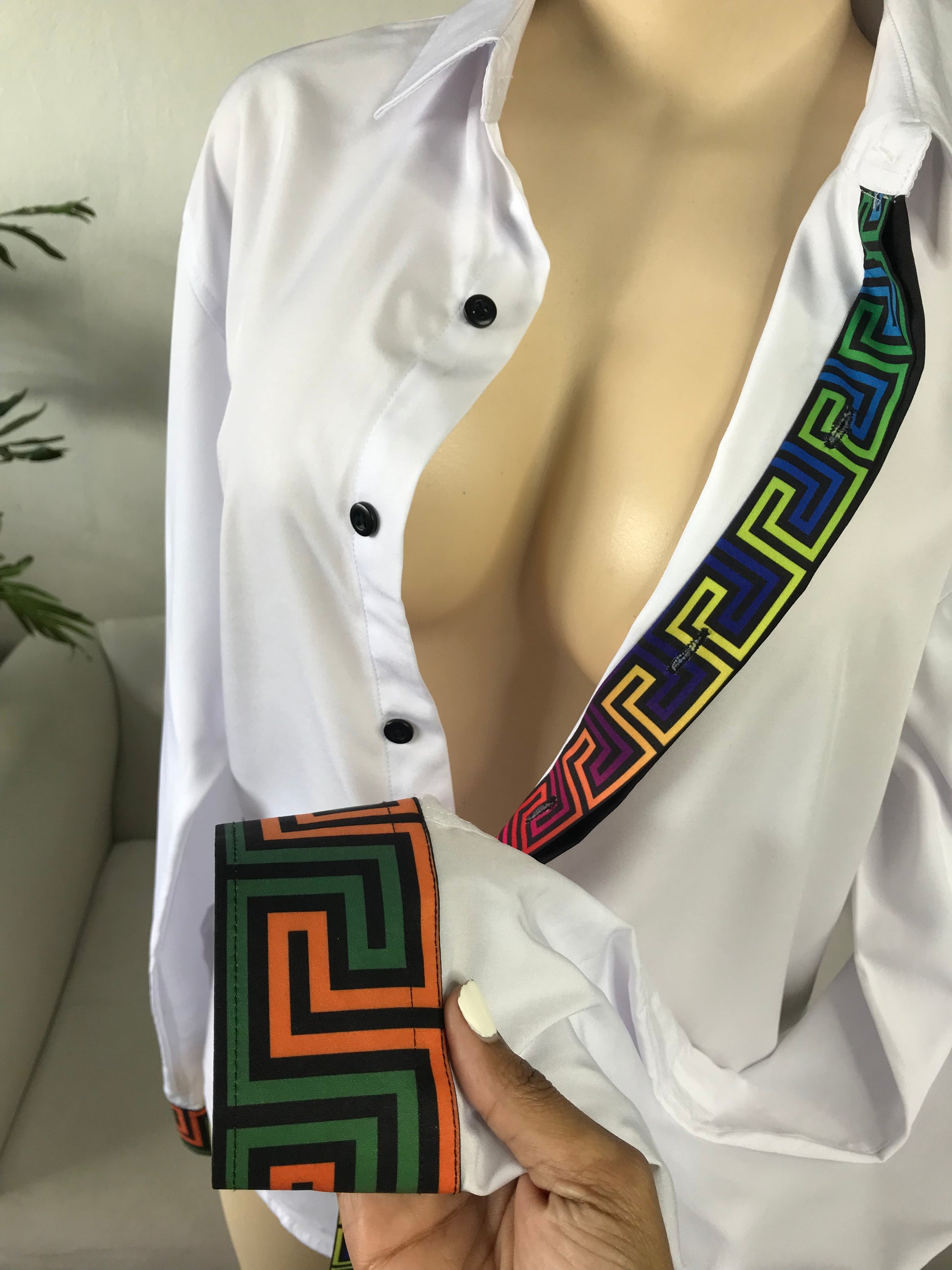 Mens White Shirt Rainbow Aztek Detail - XL