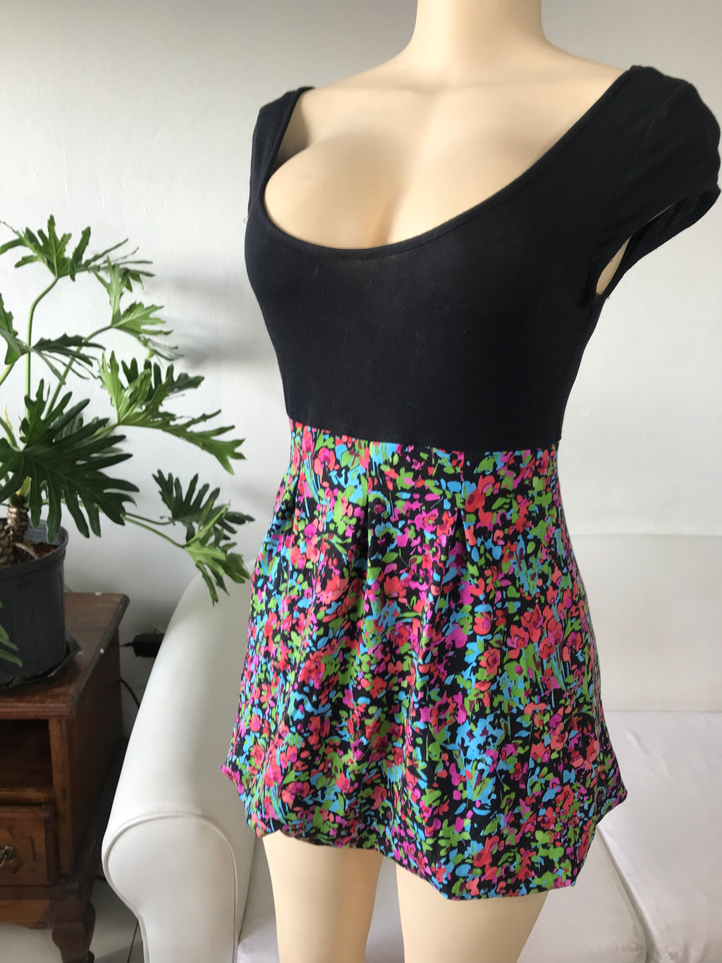 Black Babydoll Mini Dress Floral  - M
