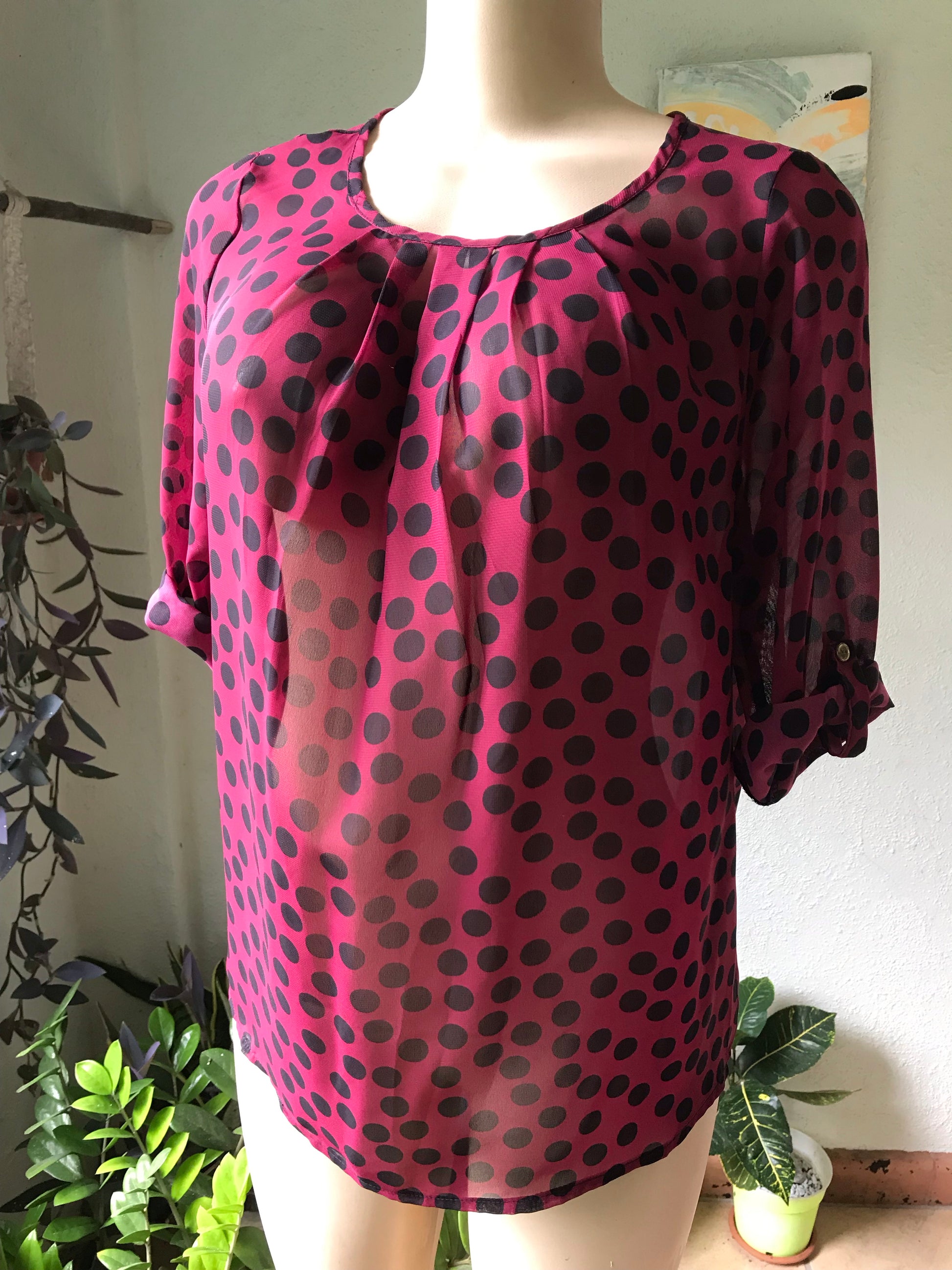 Magenta Sheer Polka Keyhole Back Blouse