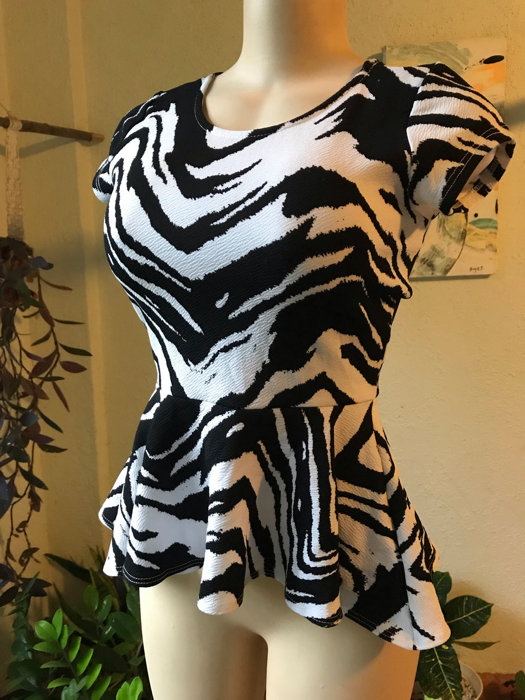 Retro Zebra Stripe Peplum Blouse Stretchy