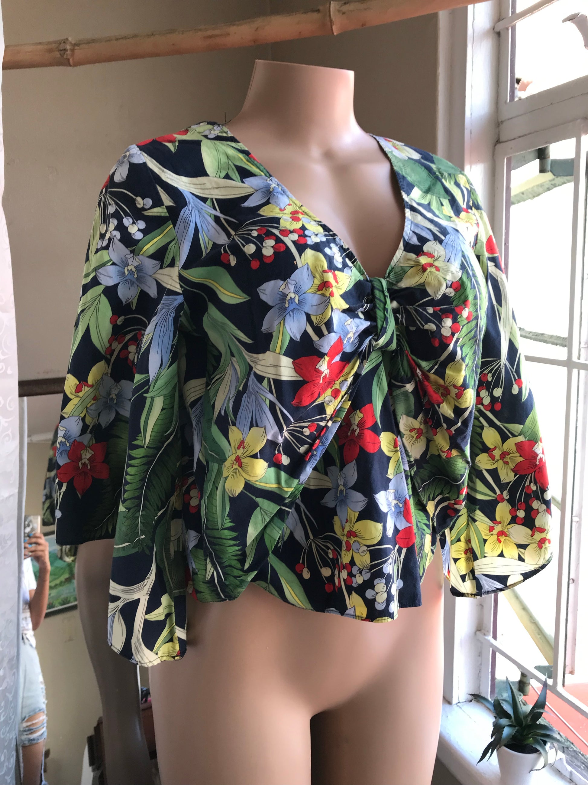 Zara Tropical Garden Blouse w Back Cut-Out- M