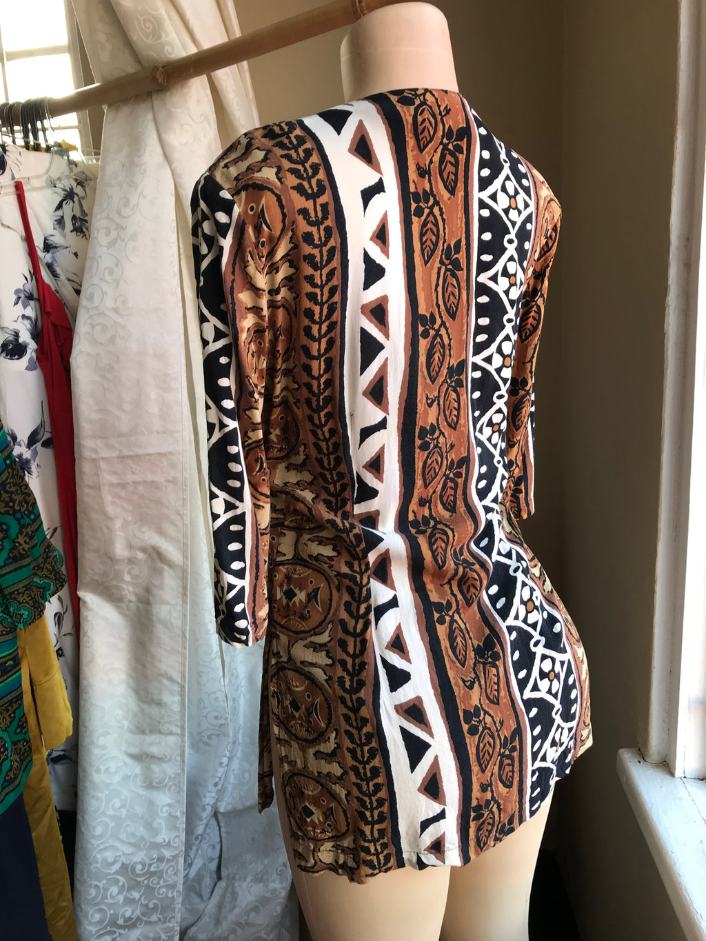 Vintage Earth Tone Print Blouse Button