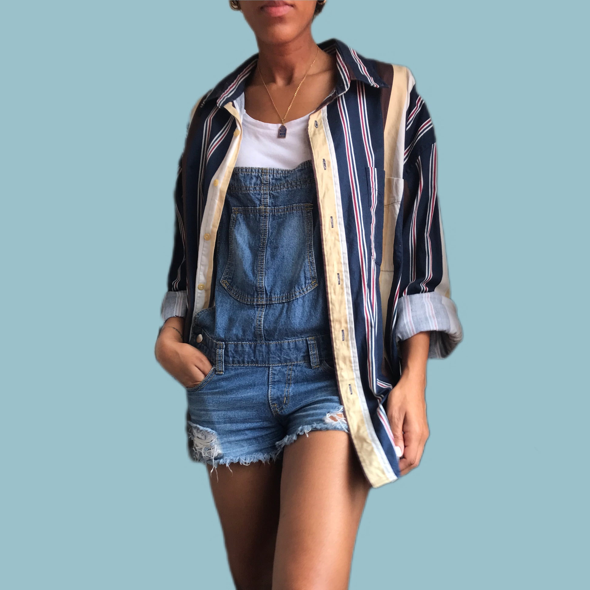 Vintage Mens Denim Stripe Button Shirt - /XL