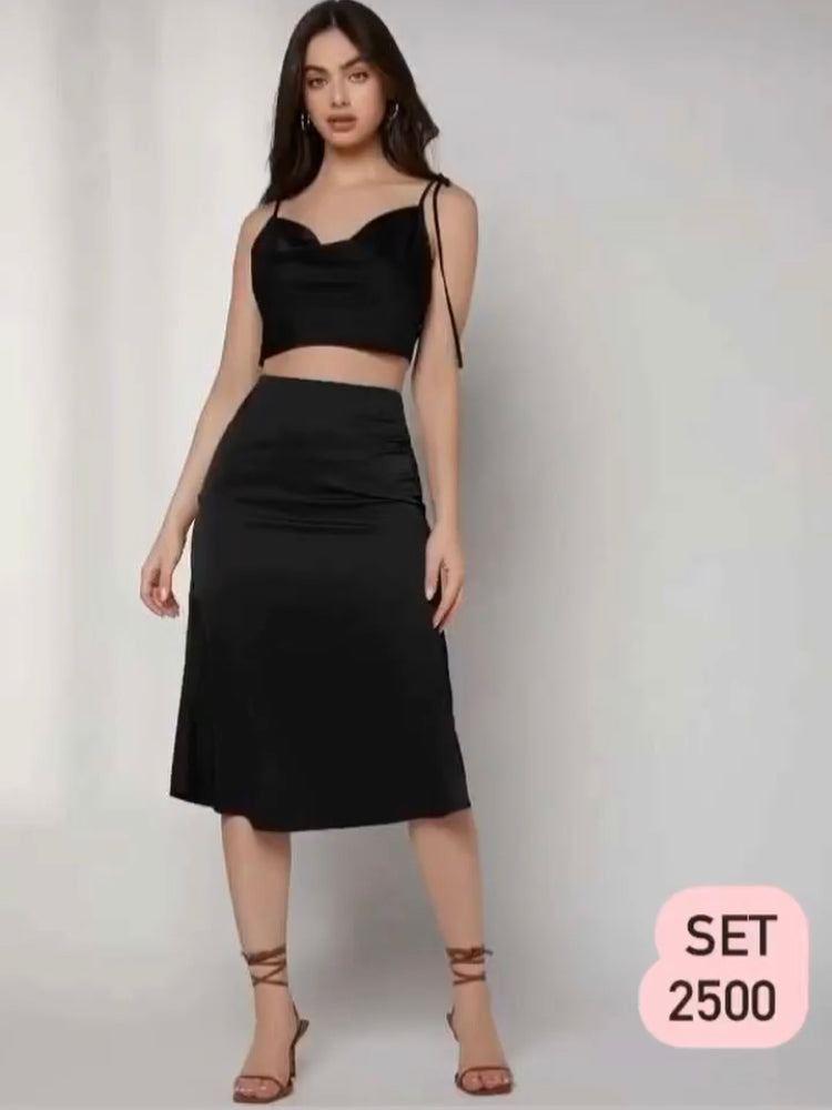 New Shein Black Silky 2 Piece Skirt Set - L