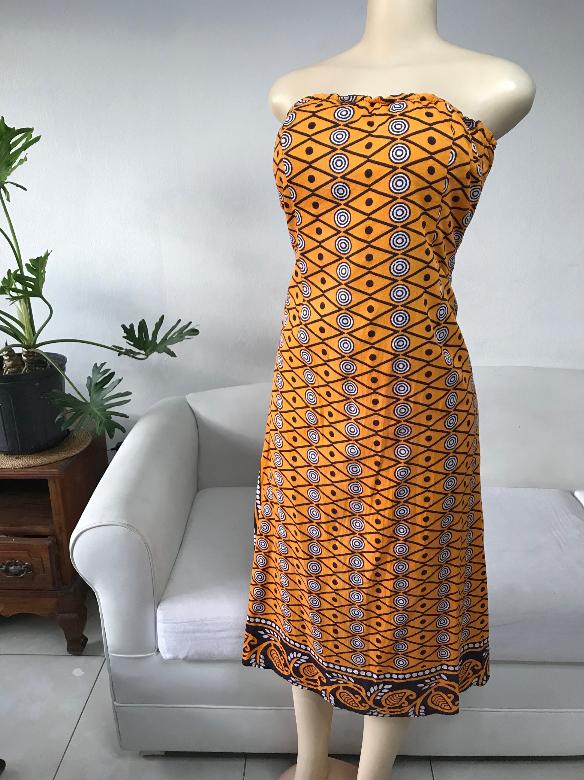 African Print Orange Dress Strap Back - M/ One Size