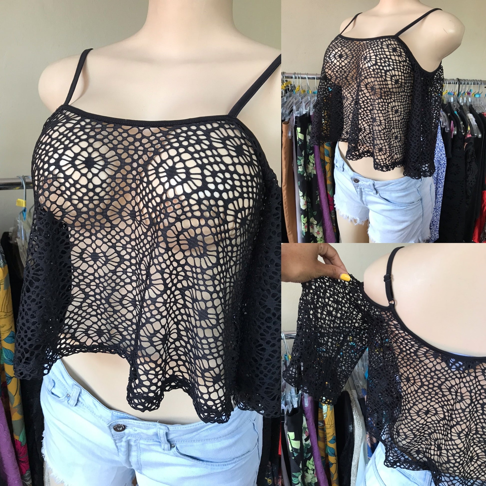 Black Full Mesh Cold Shoulder Top