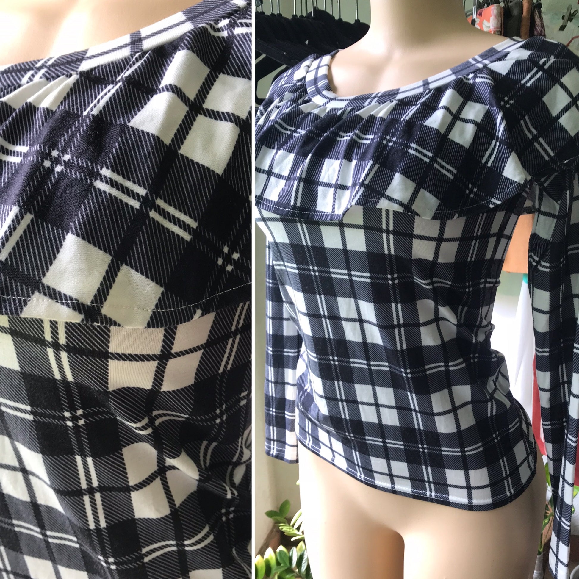 New B&W Plaid Long Sleeve Blouse Soft