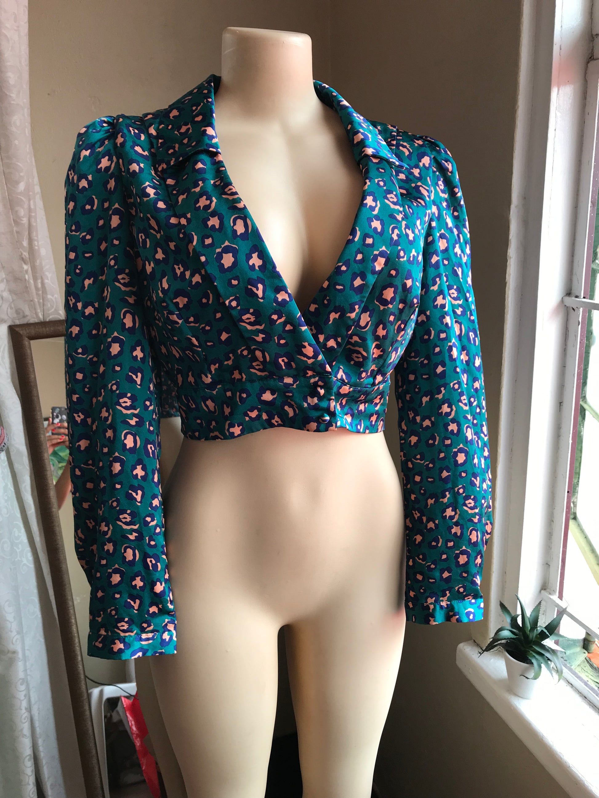 Fashion Nova Silky Teal Cheetah Wrap Blouse - M
