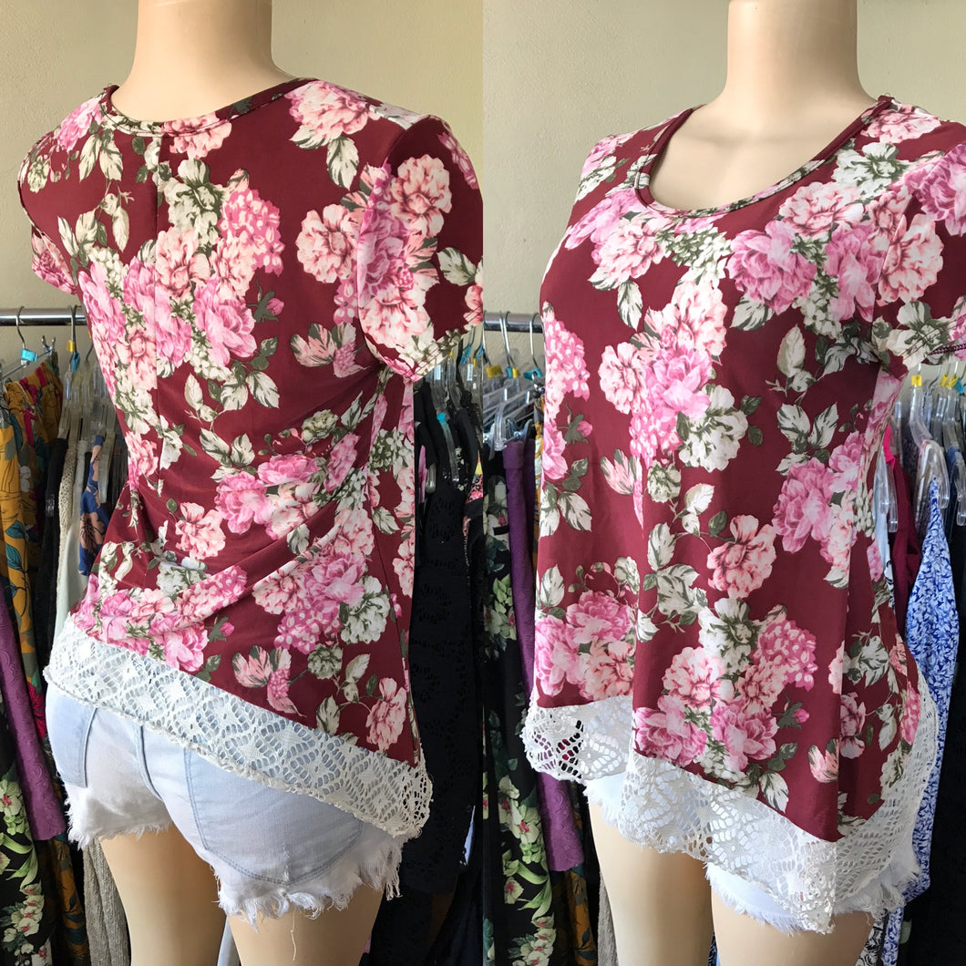 Maroon Floral Top Eyelet Detail