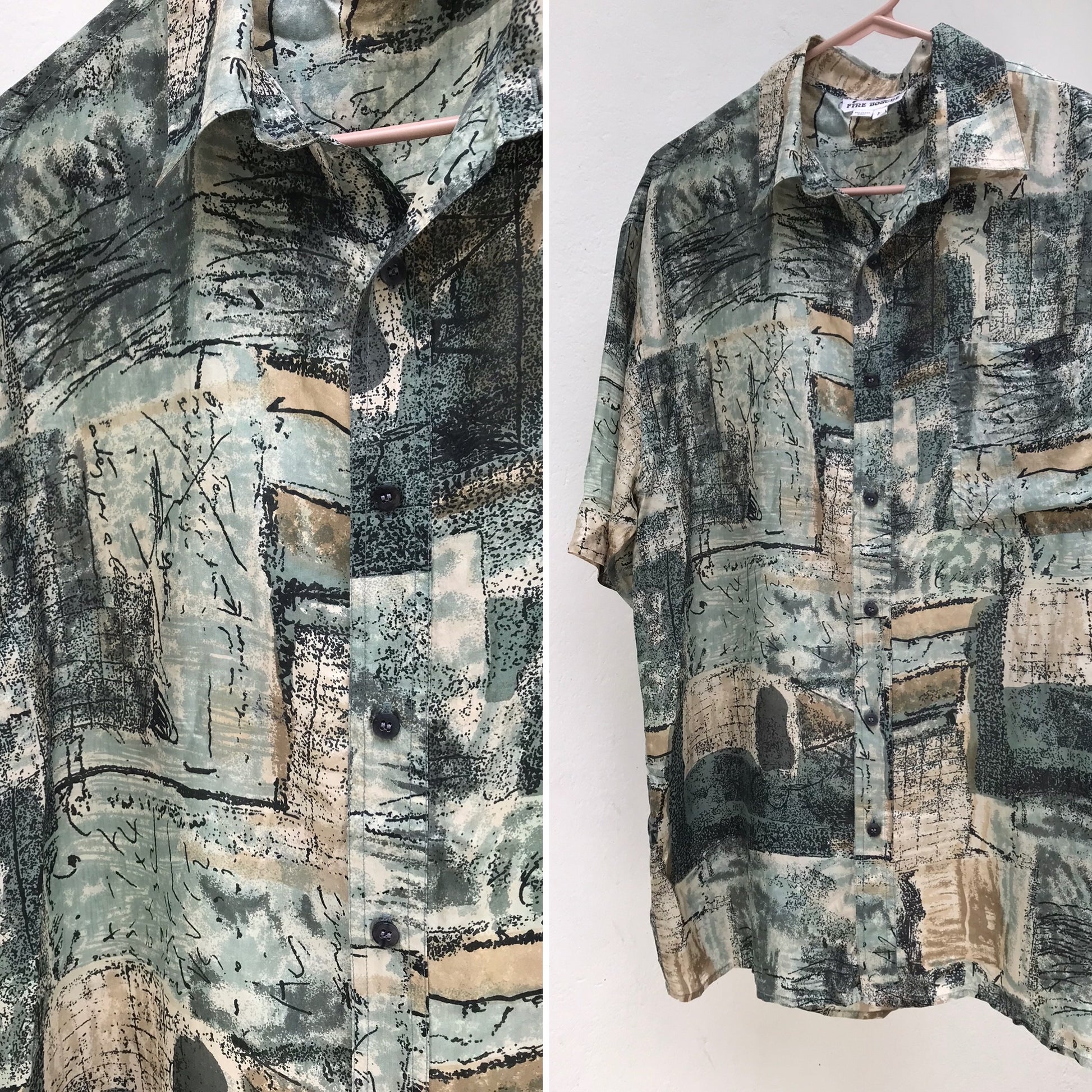 Vintage Green Pattern 100% Silk Shirt Men's
