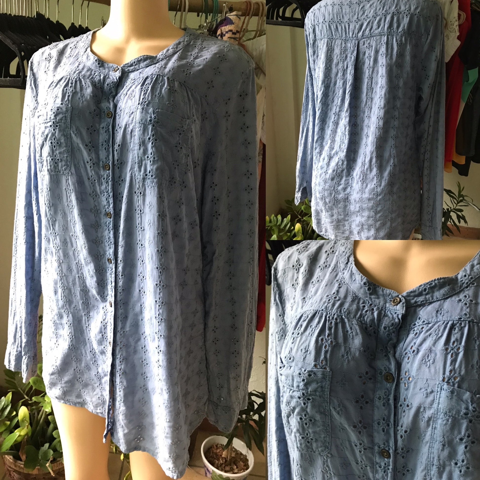 80s Vintage 100% Cotton Made in India Eyelet Blouse Blue