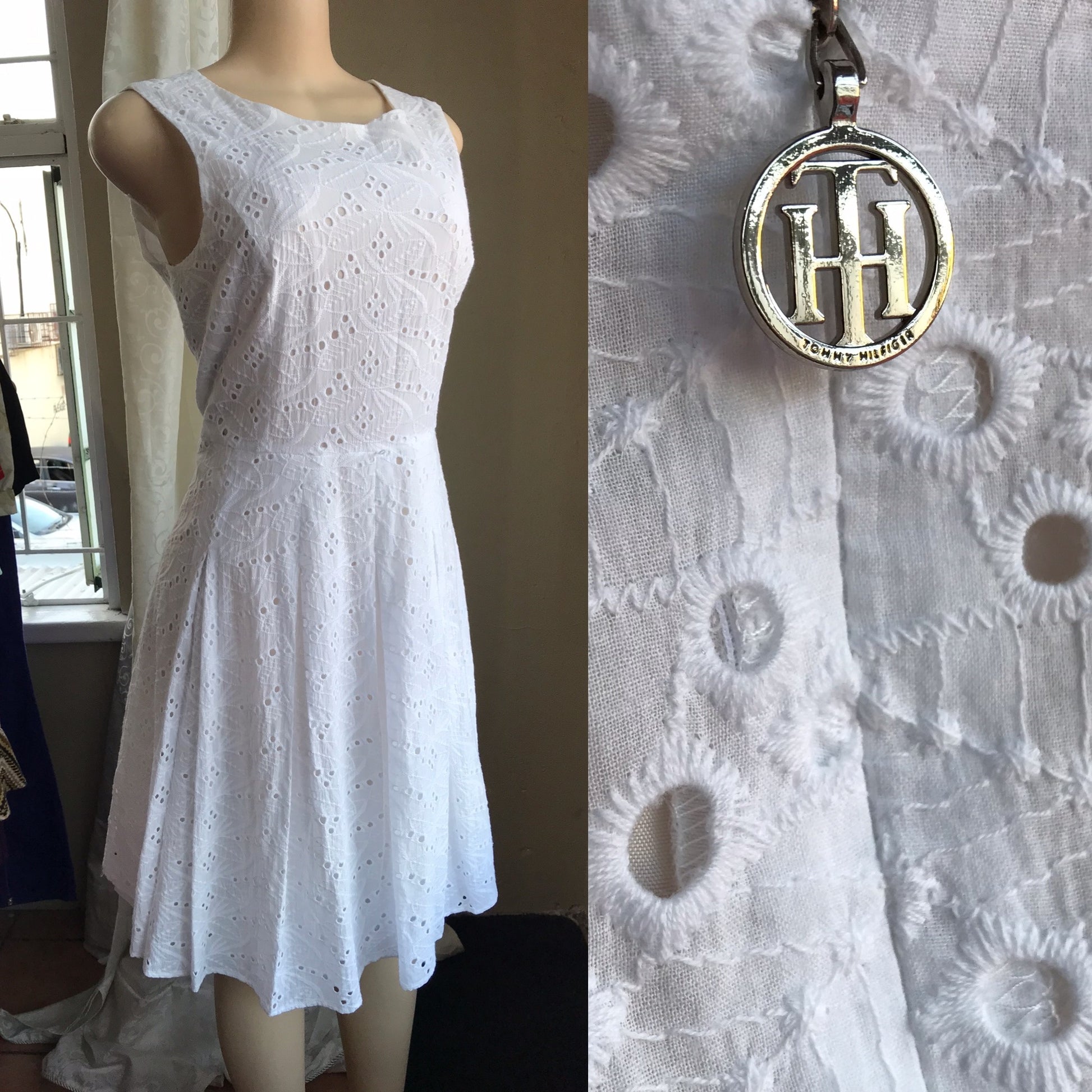 Tommy Hilfiger White Leaf Eyelet Sleeveless Dress
