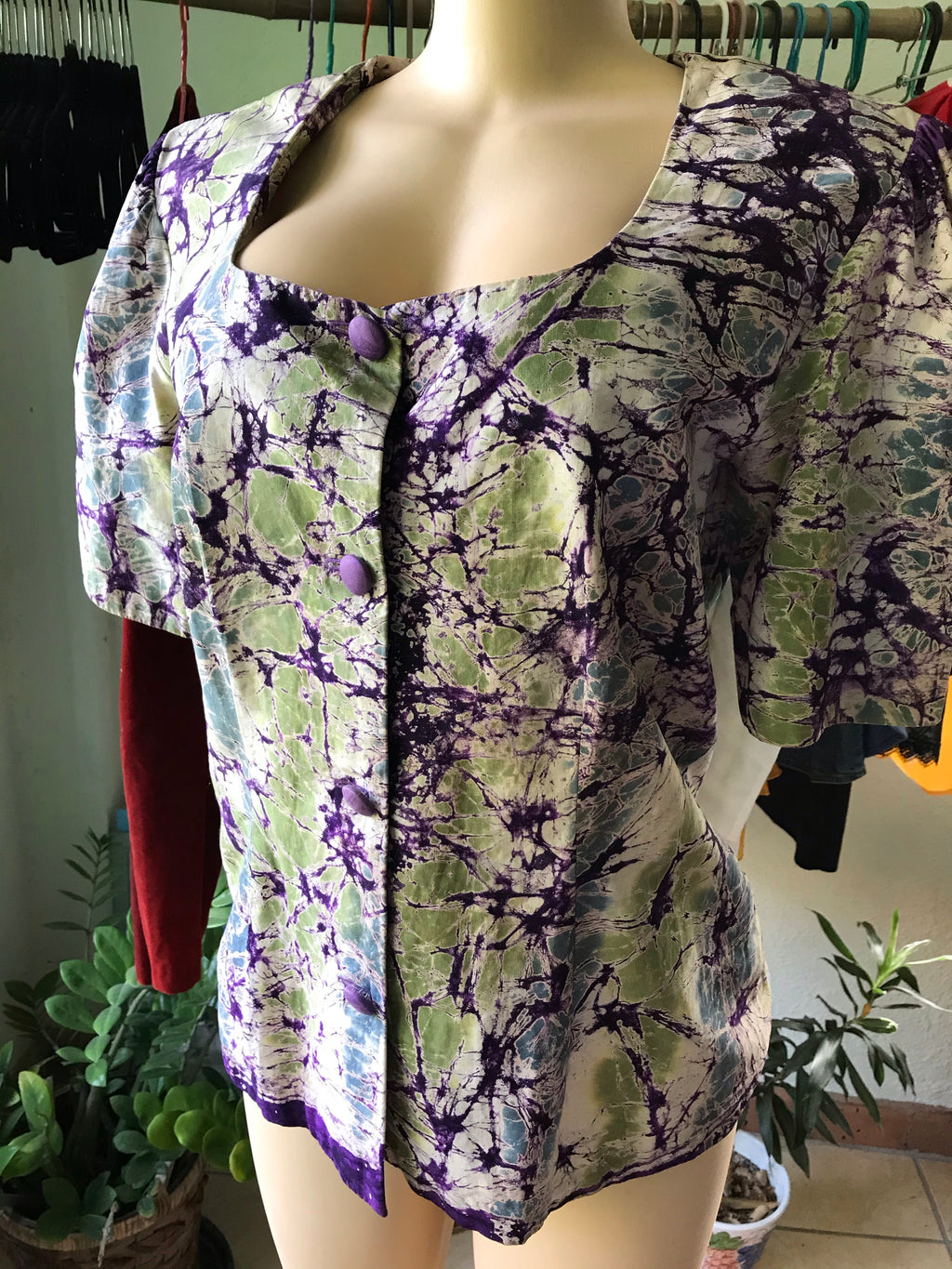 Vintage Marble Tie Die Button Down Blouse With Shoulder Pads