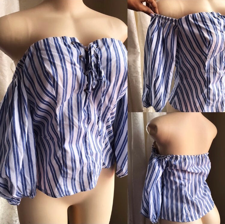Blue Stripe Detached Shoulder Blouse - L
