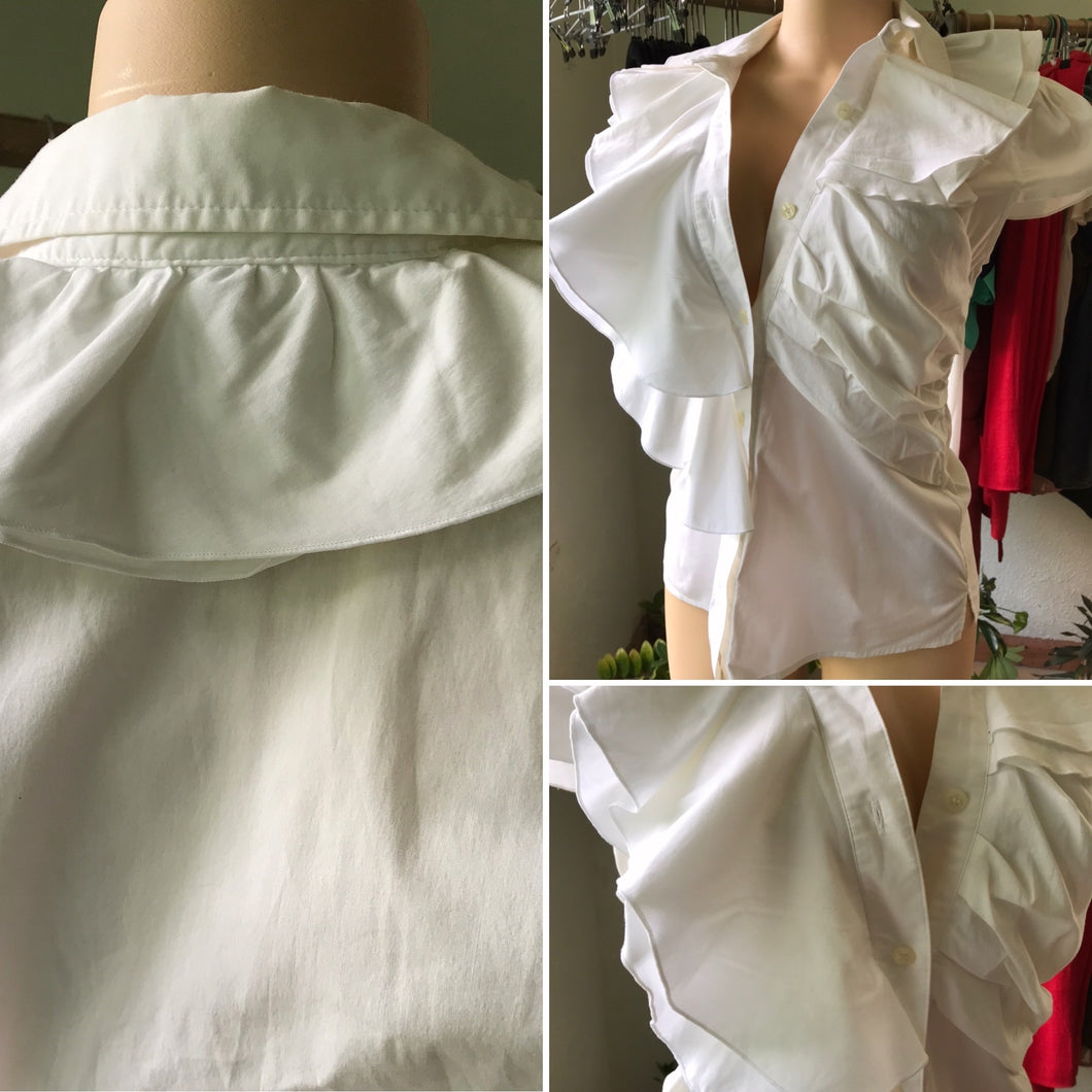 90s Asymmetrical White Ruffle Collar Blouse Cotton Blend