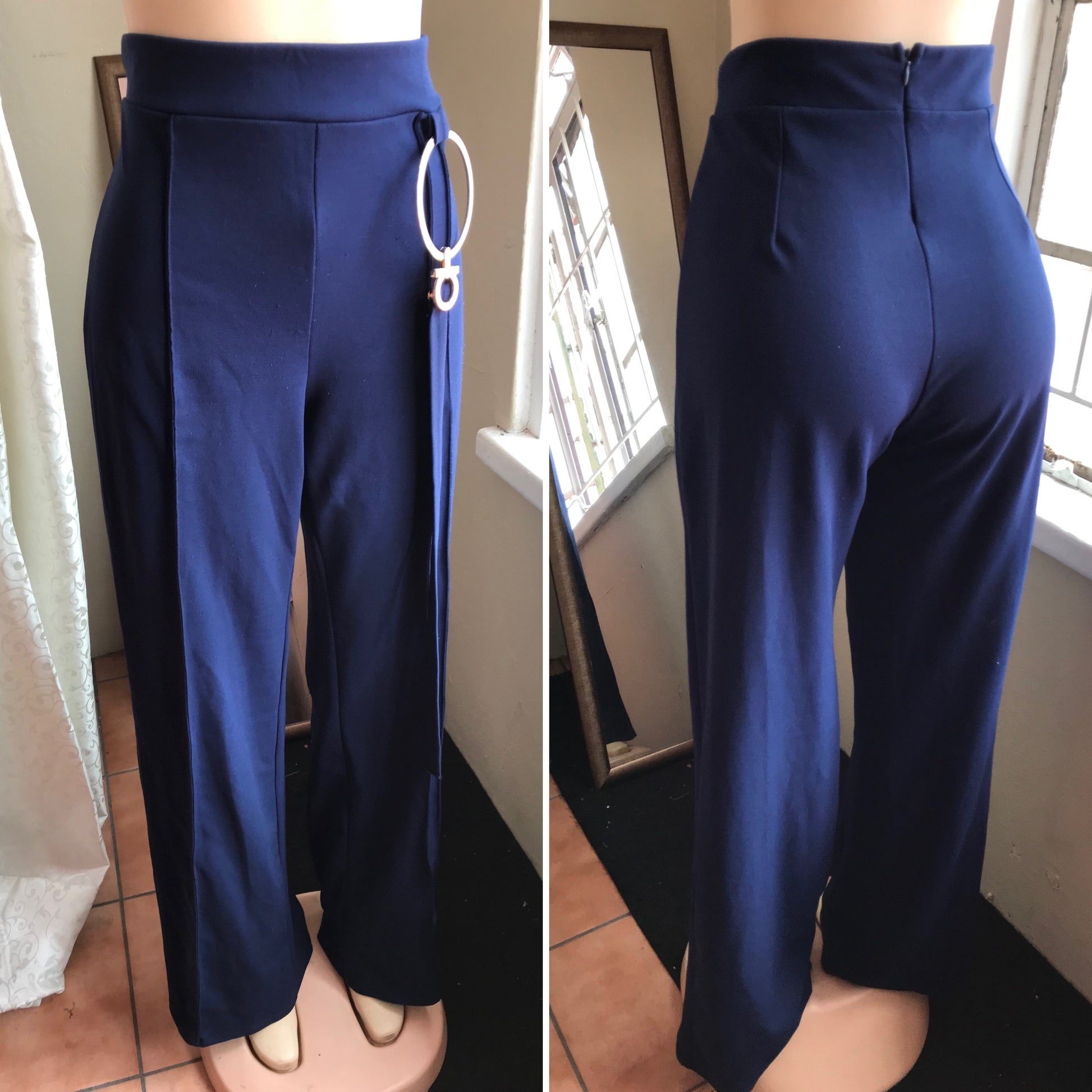 Navy Professional Palazzo Pants with Ring Detail - L