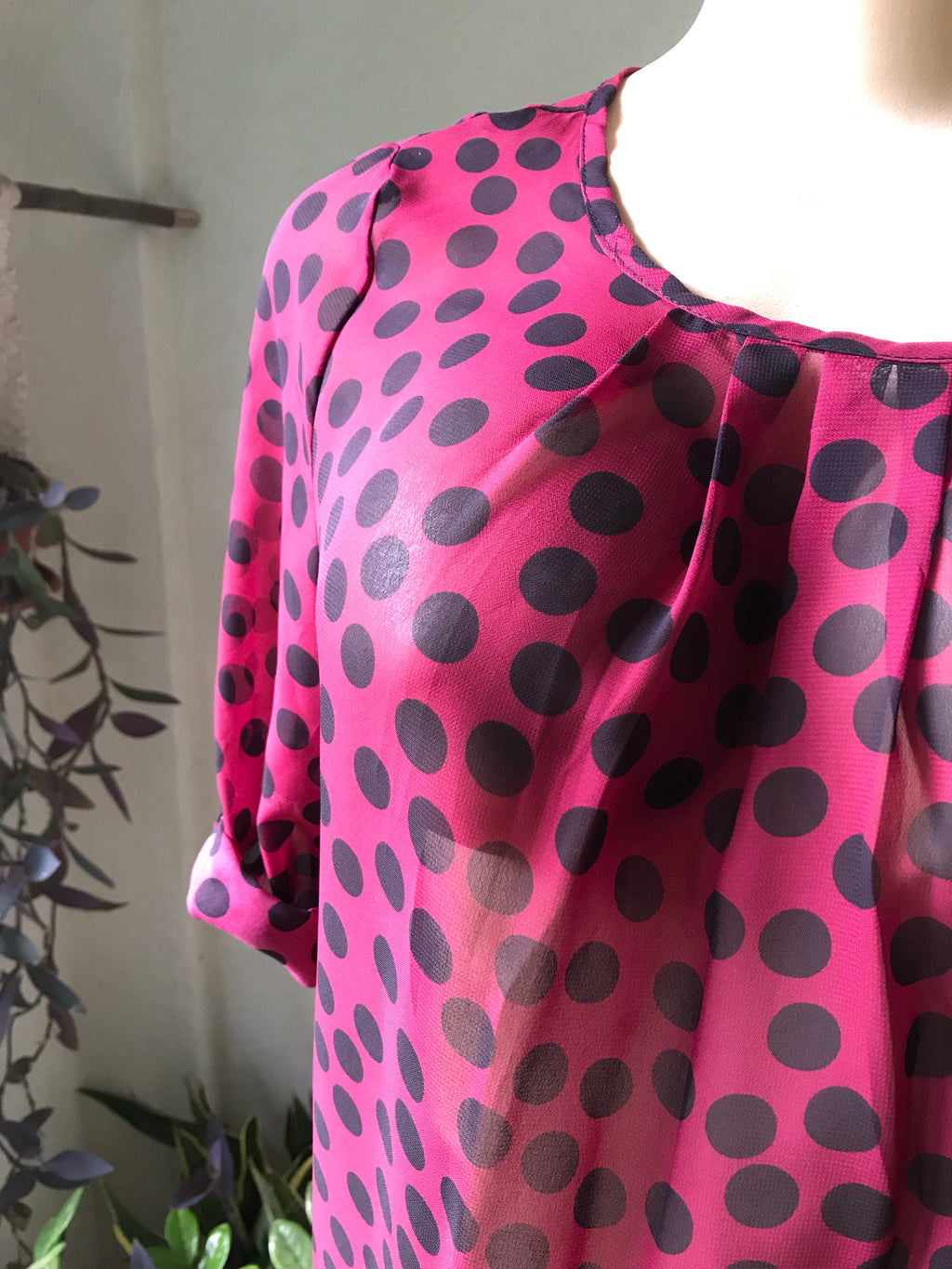 Magenta Sheer Polka Keyhole Back Blouse