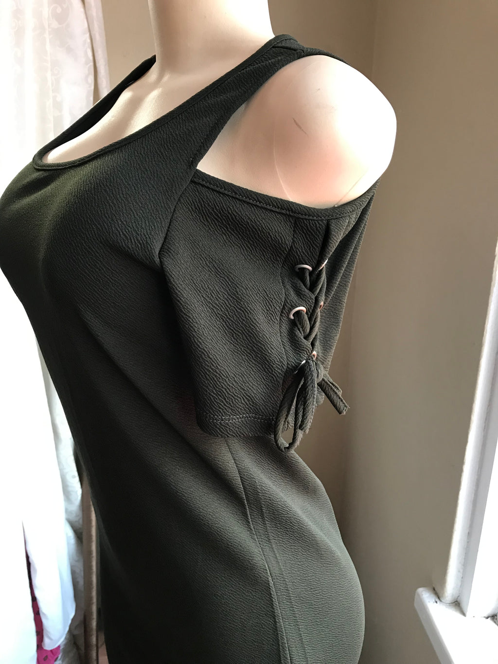 Earth Green Cold Shoulder Bodycon Lace Up - L