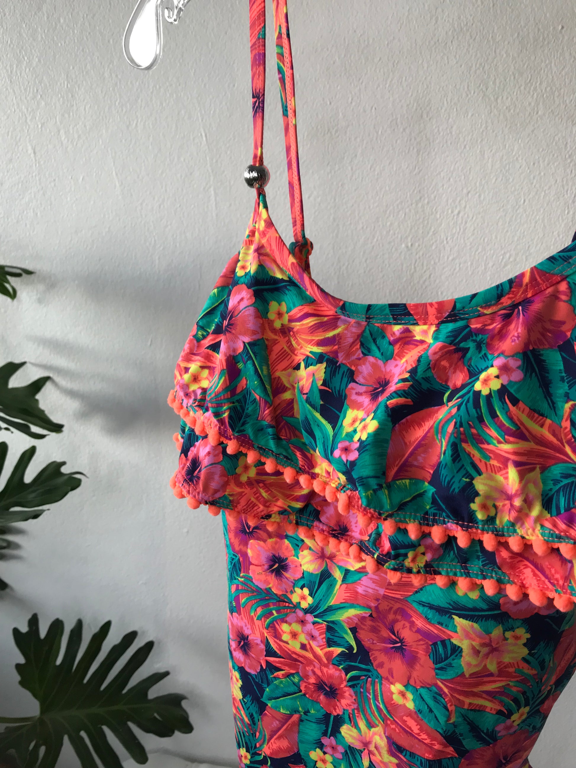 Unworn One Piece Swim Suit Tropical Pom Pom - M