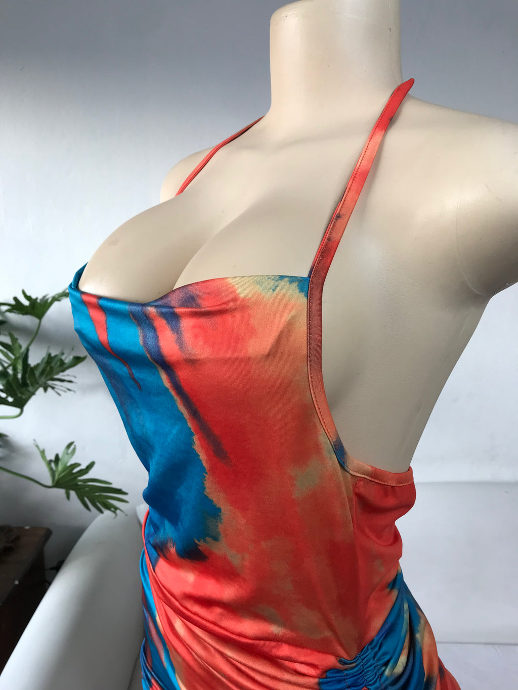Sideboob Marble Ruche Dress Adjustable orange blue - M