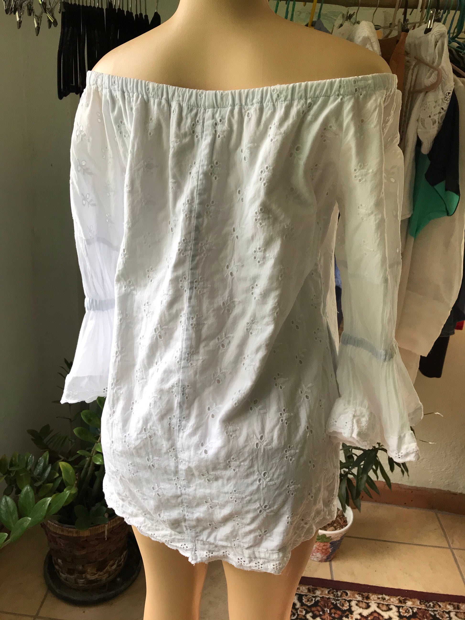MEILING Bell Sleeve Eyelet Mini Dress off the Shoulder
