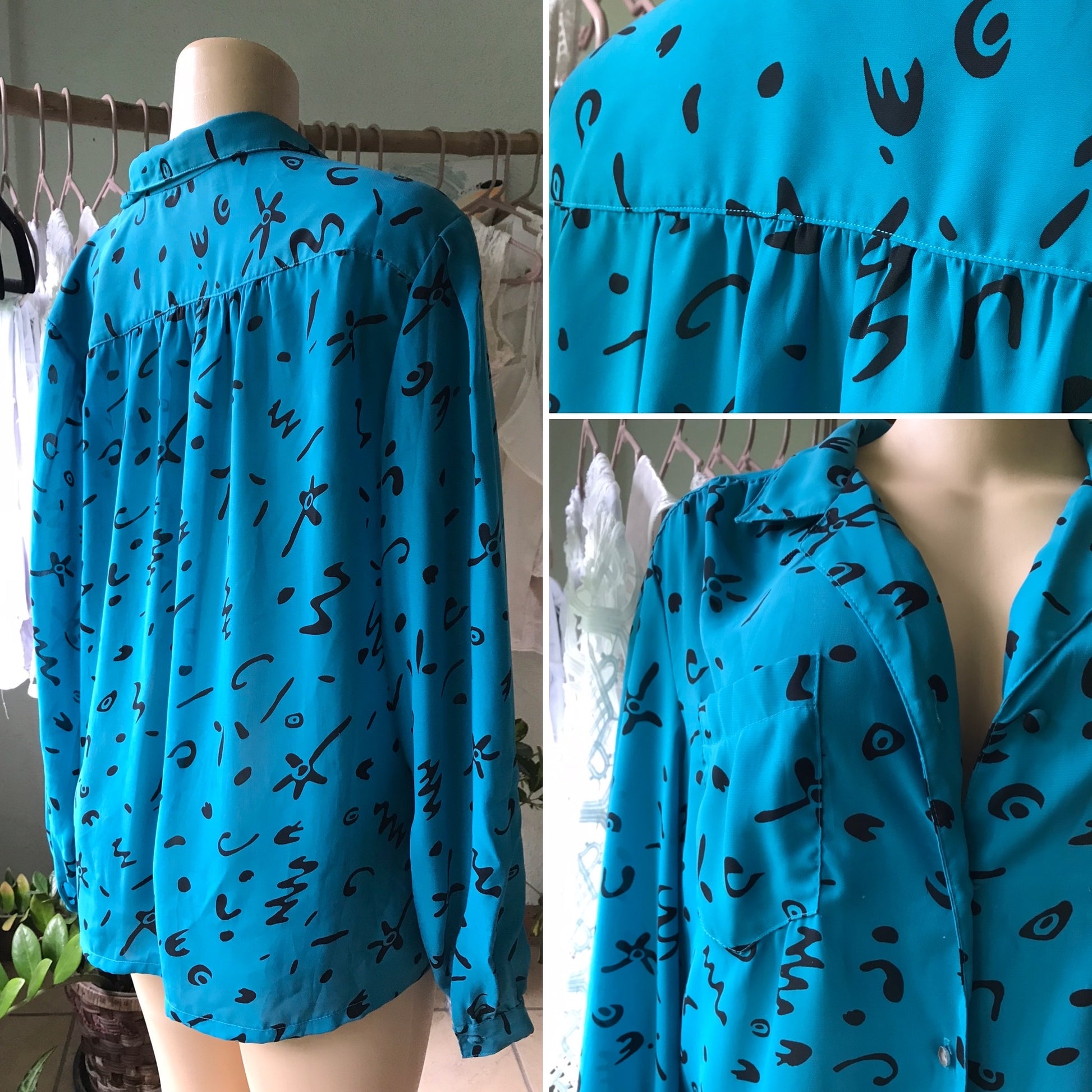 Vintage Turquoise Print Button Down Blouse Long Sleeve