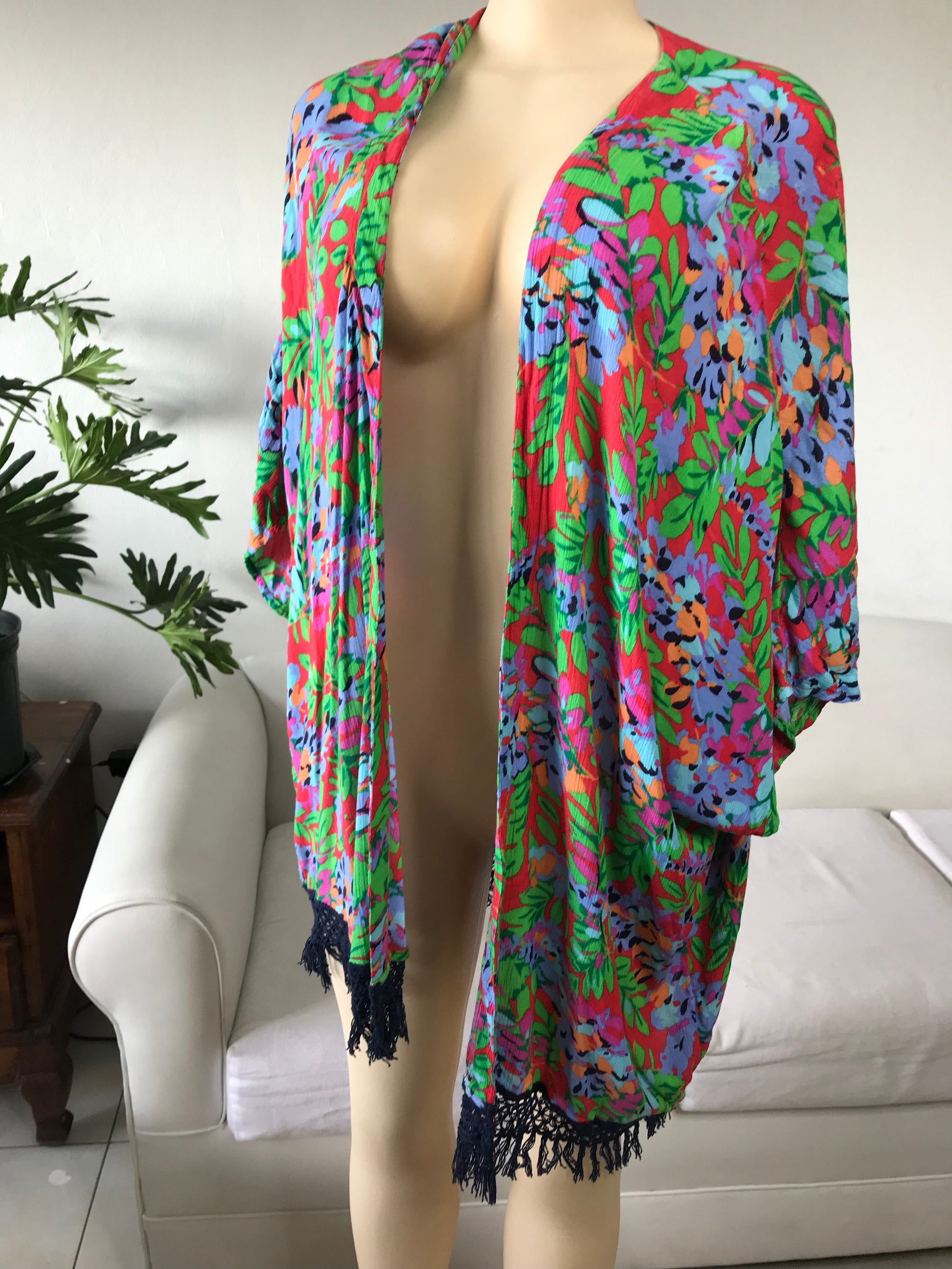 Neon Floral Tassel Kimono Cardigan  - M