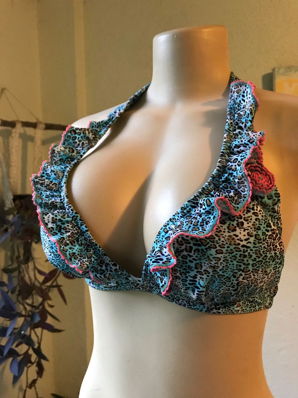 Blue Cheetah Frill Bikini Top