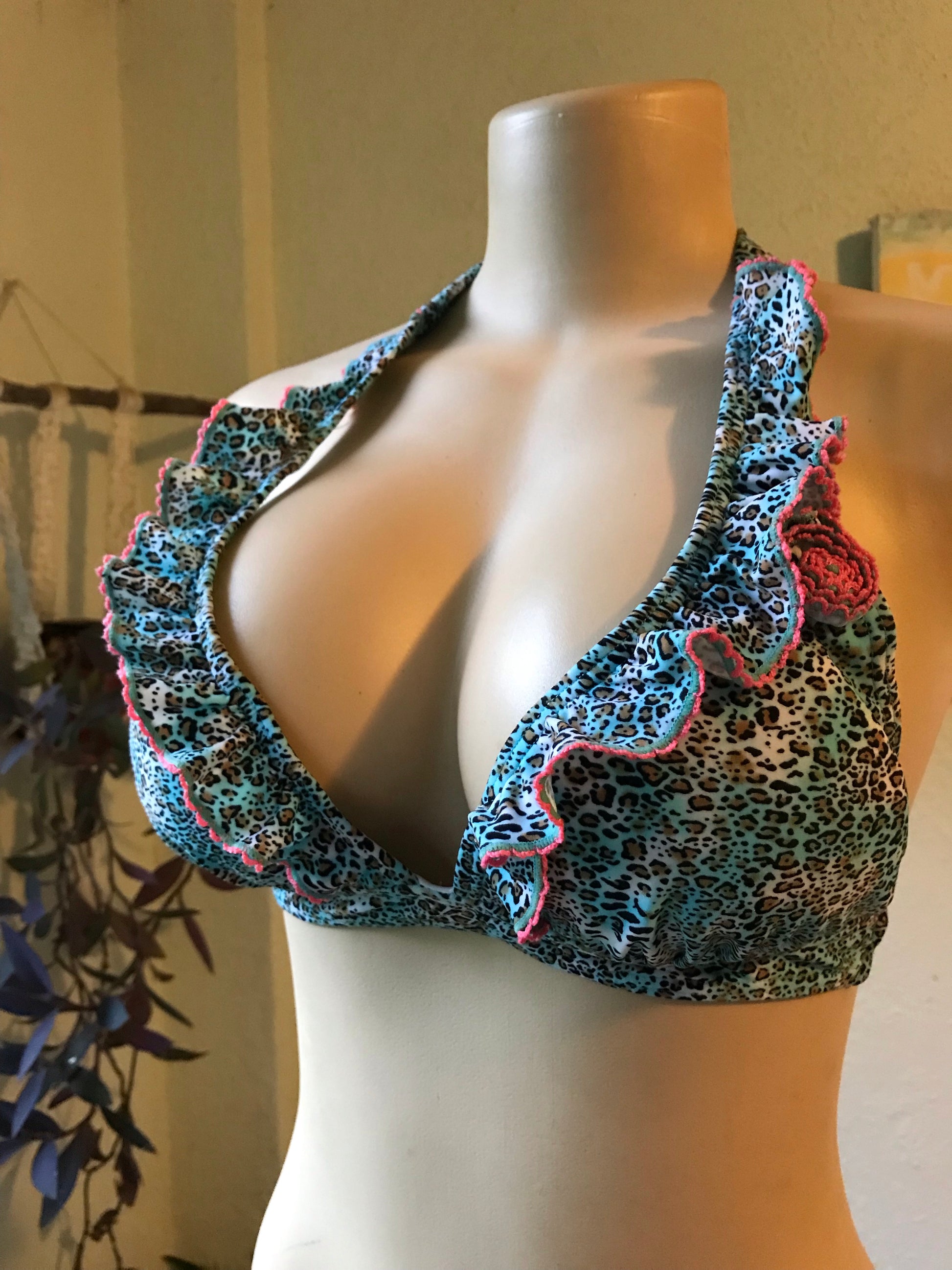 Blue Cheetah Frill Bikini Top