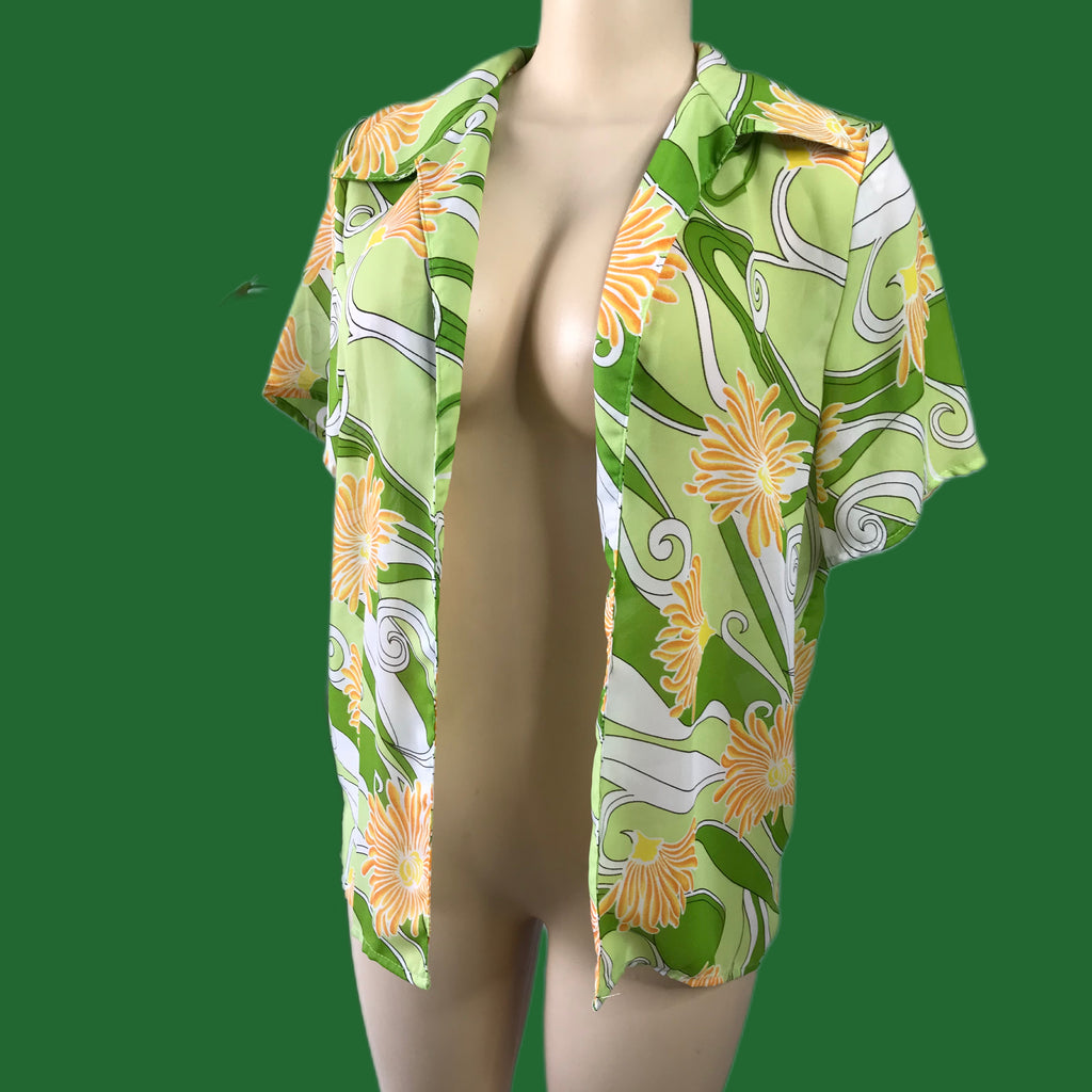 80s Lime Green Bold Print Graphic Shirt / Cover Up | M. ...