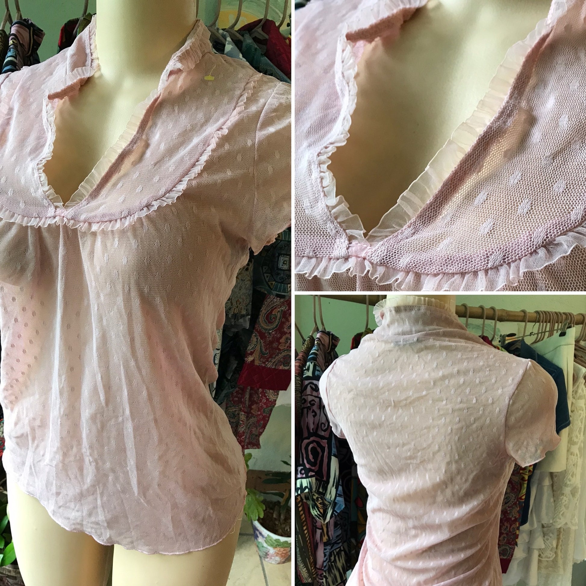 Nude Pink Mesh Ruffle Blouse / Sleepwear