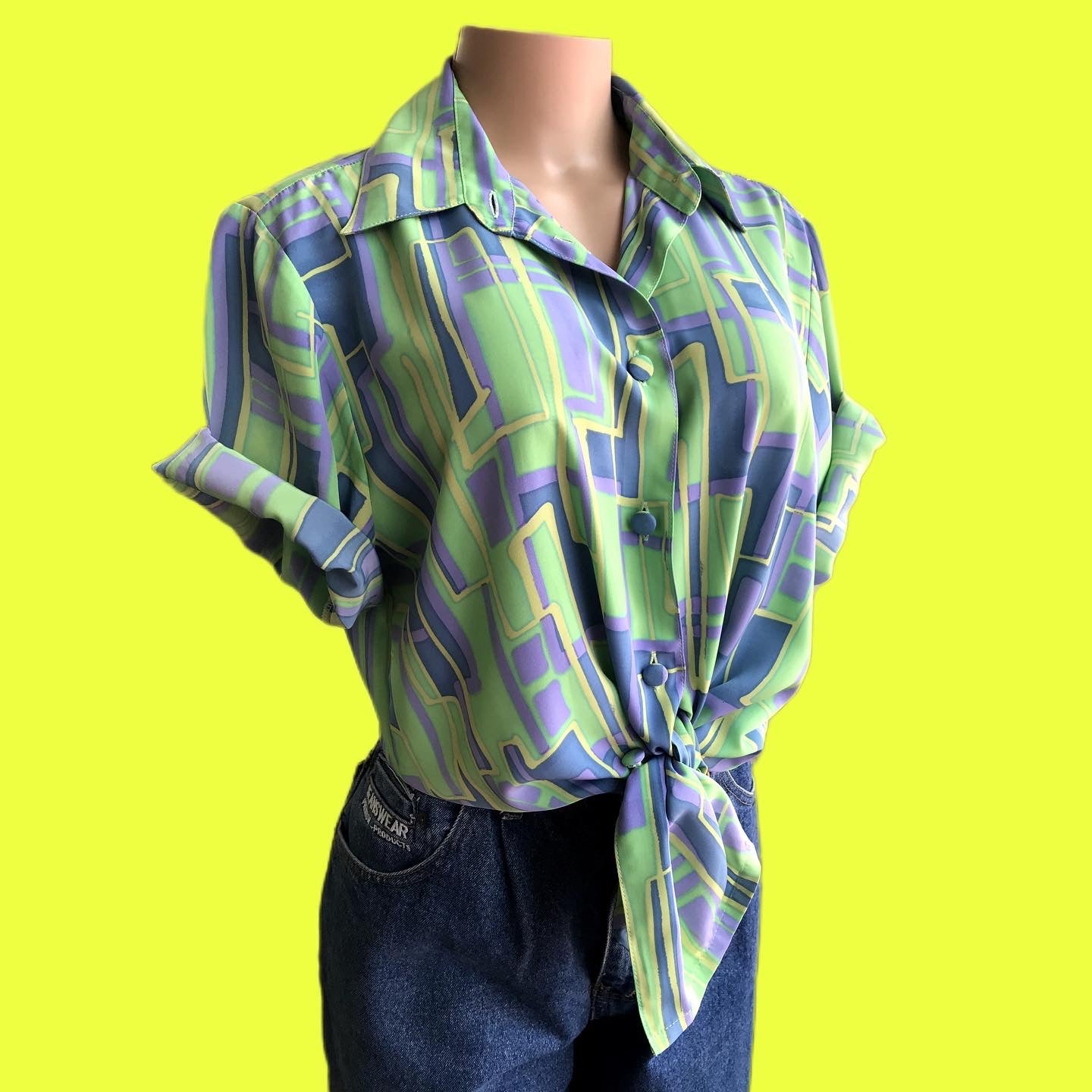 Vintage Green & Purple Groovy Print Button Shirt - L