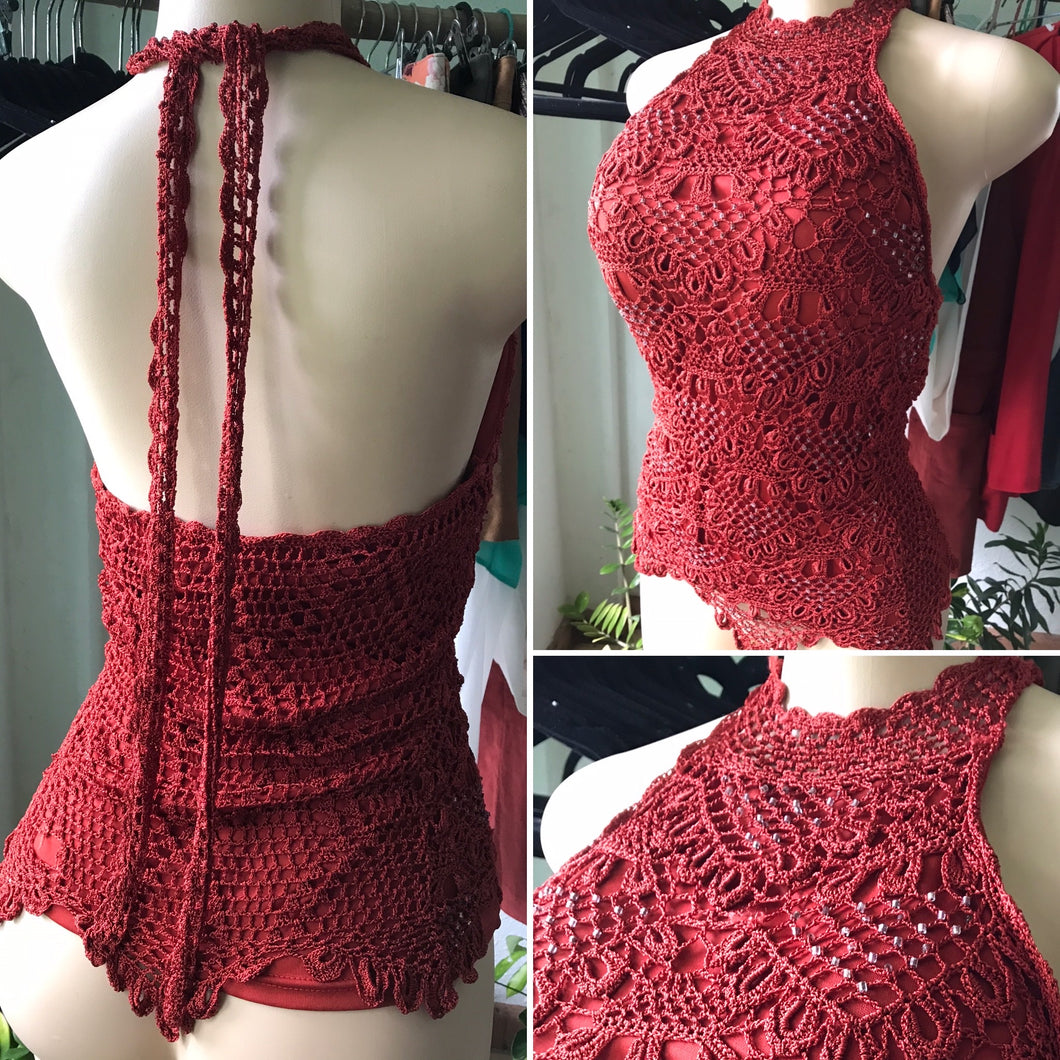 Vintage Burnt Umber Crochet Backless Halter Top