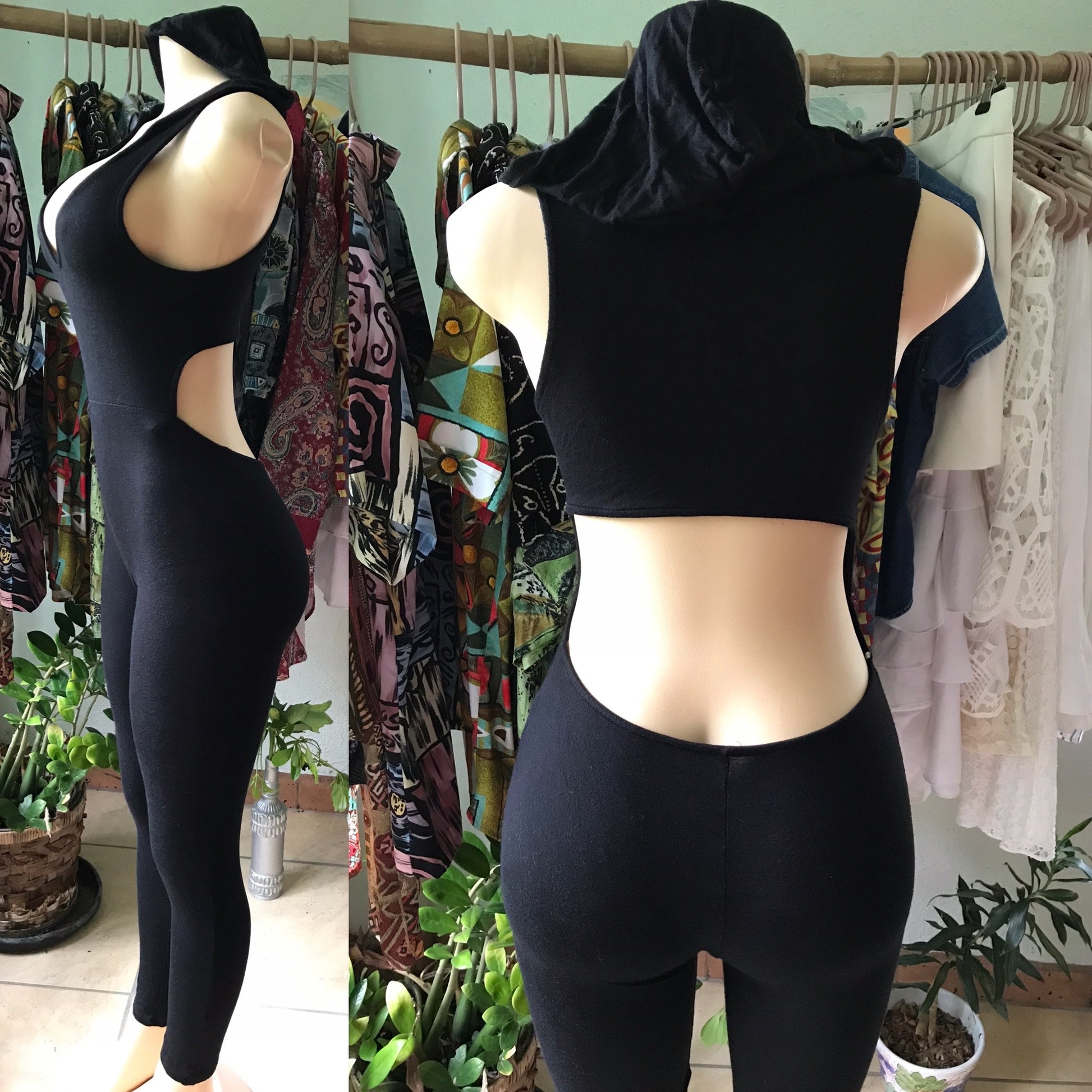 Black Hooded Catsuit Cutout Jumpsuit