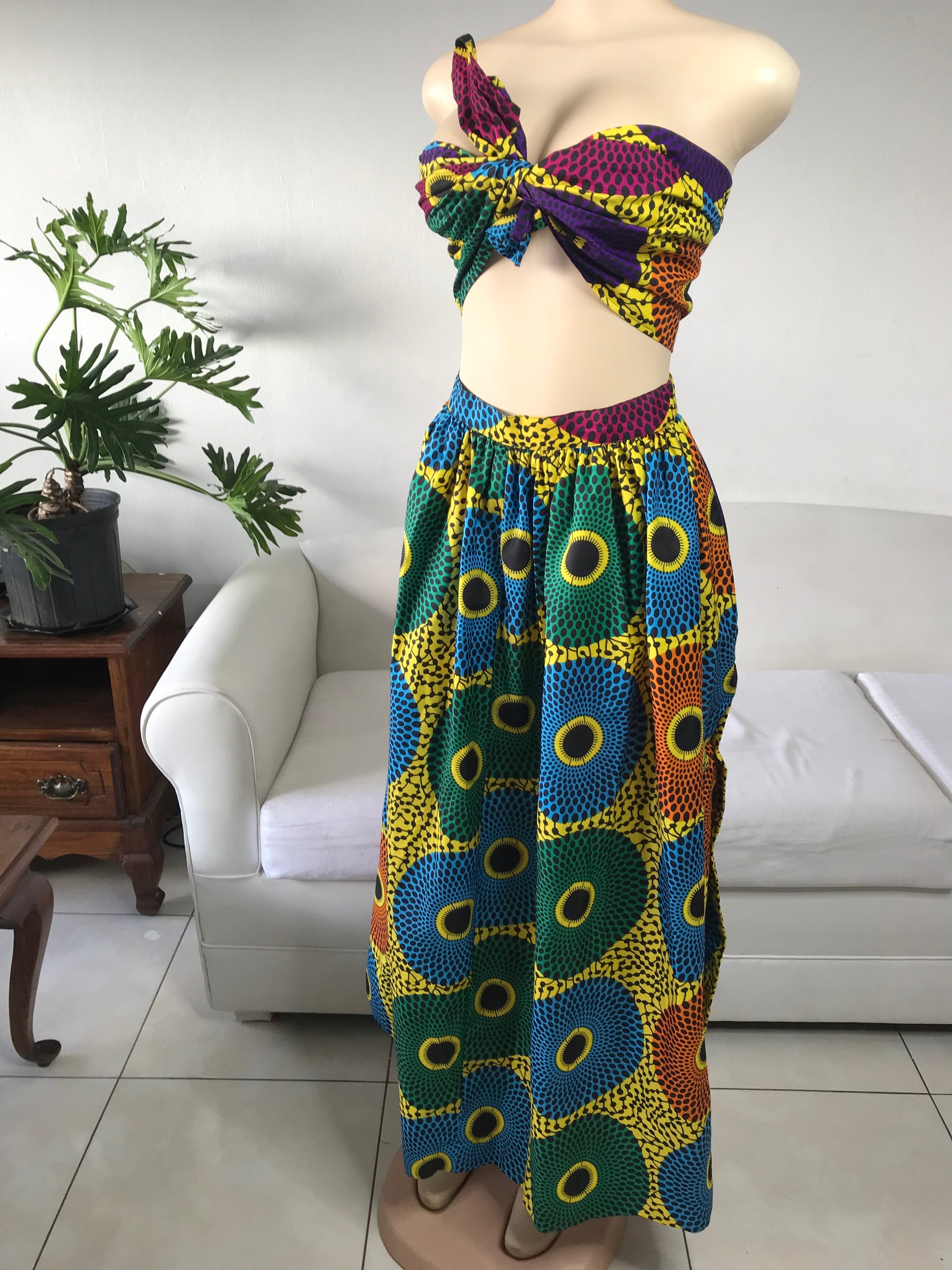 African Adinkra Print Balloon Maxi Skirt Set - S