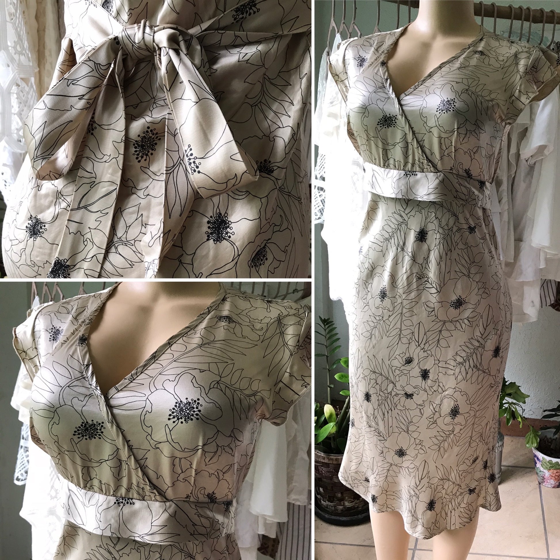 Vintage Gold Silky Garden Print Dress