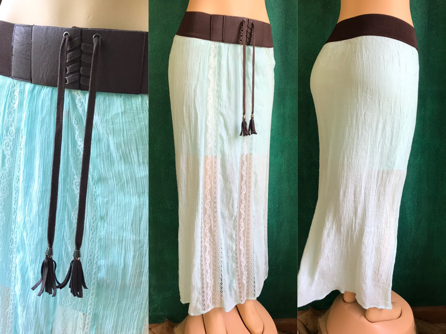 Baby Blue Waistband Maxi Skirt Crinkle Lace
