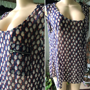 Vintage Navy Sheer Birdie Print Sleeveless Blouse