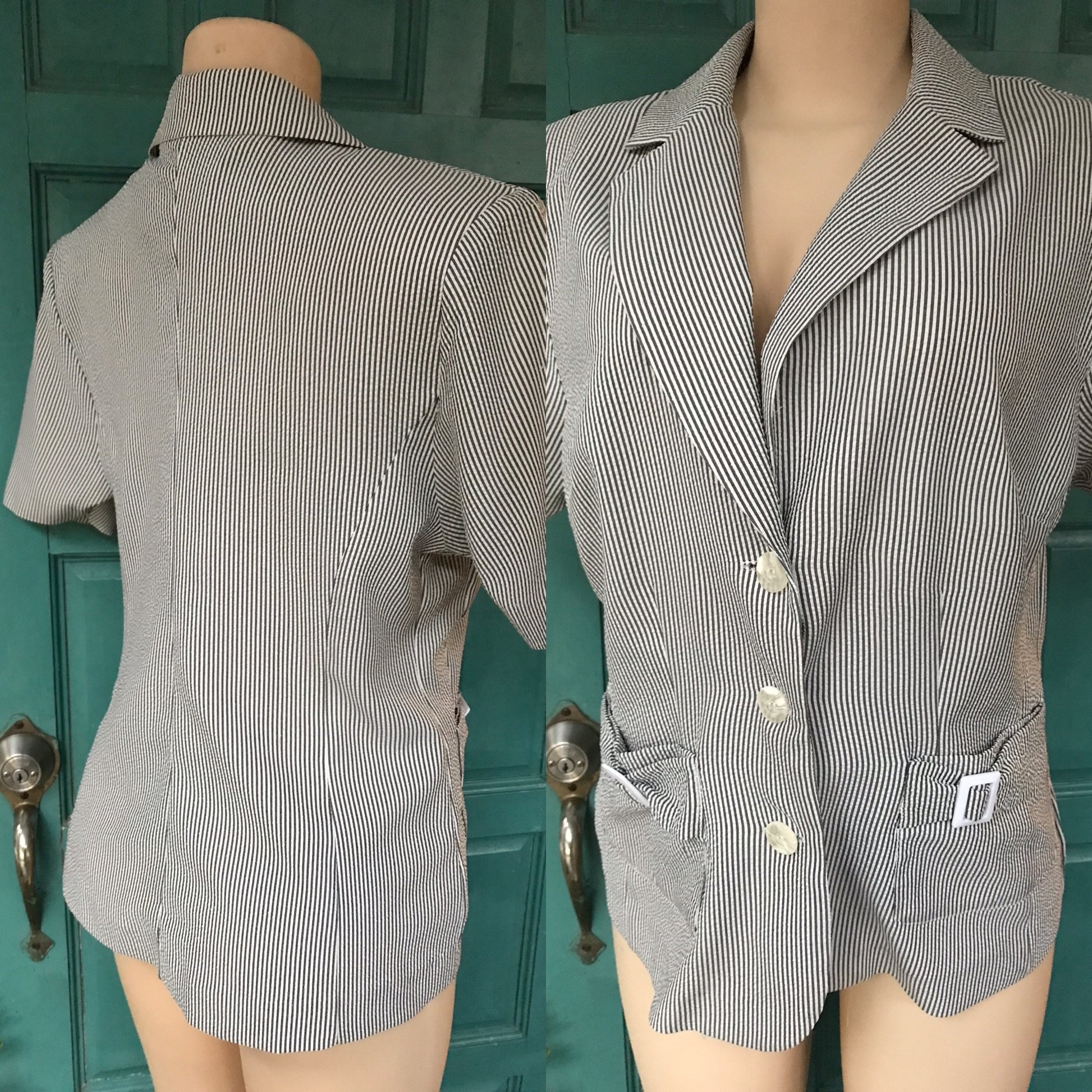 Grey Stripe Blazer Short Sleeve Retro