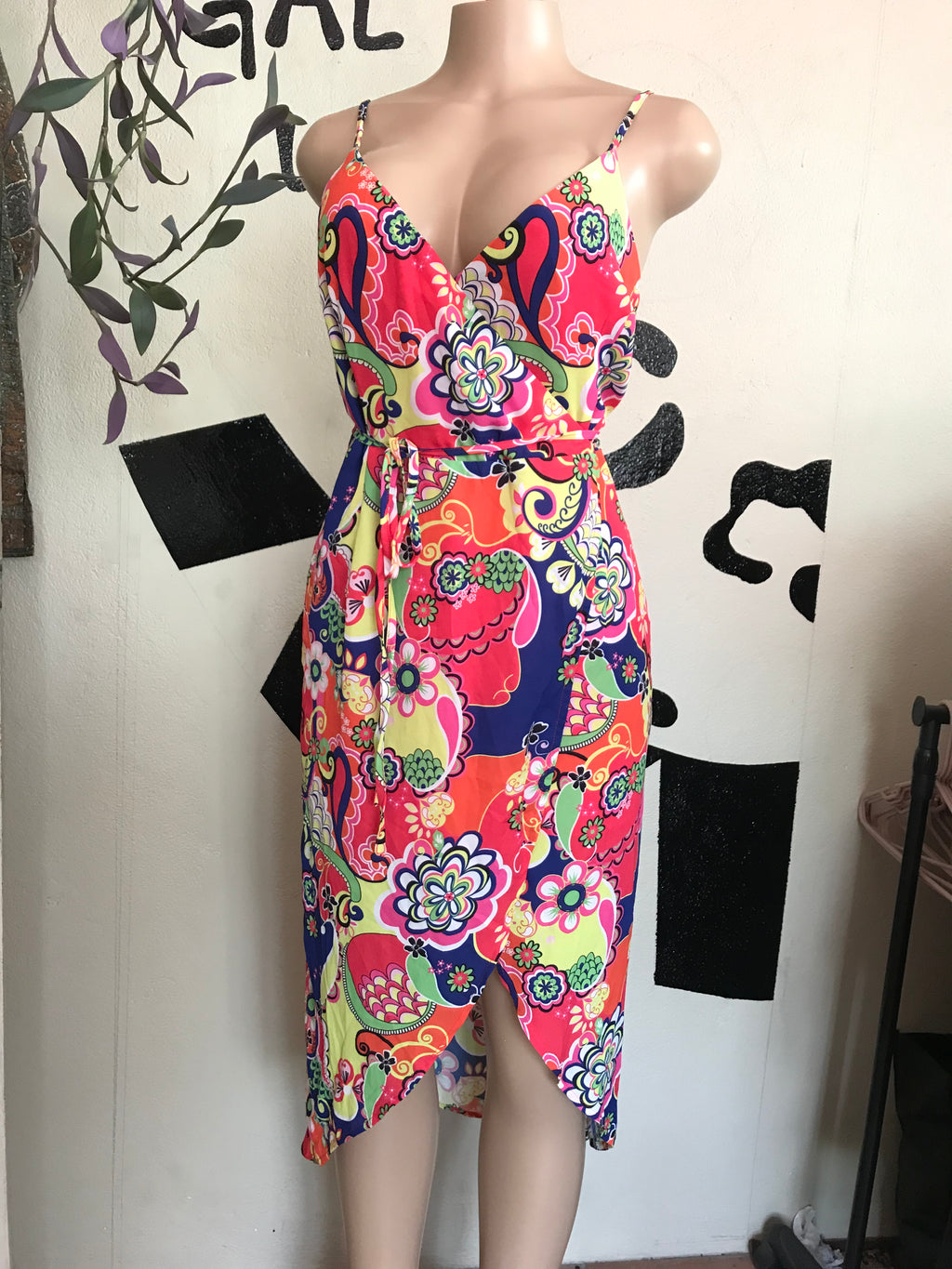 Shein Neon Pop Print Floral Wrap Dress - S/M