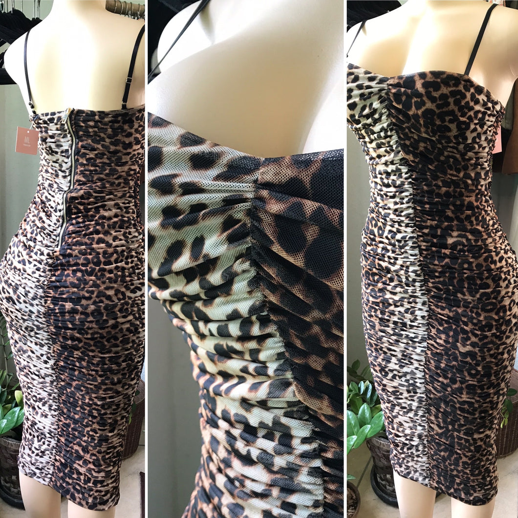 New Miss Lola Mesh Linned Cheetah Ruffle Midi Dress