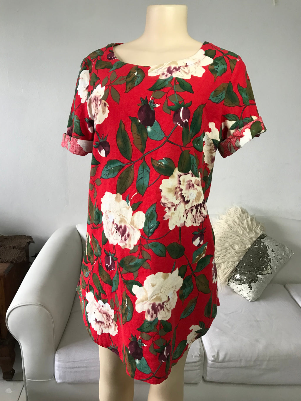 Red Rose Linen Feel Shirt-Dress - L