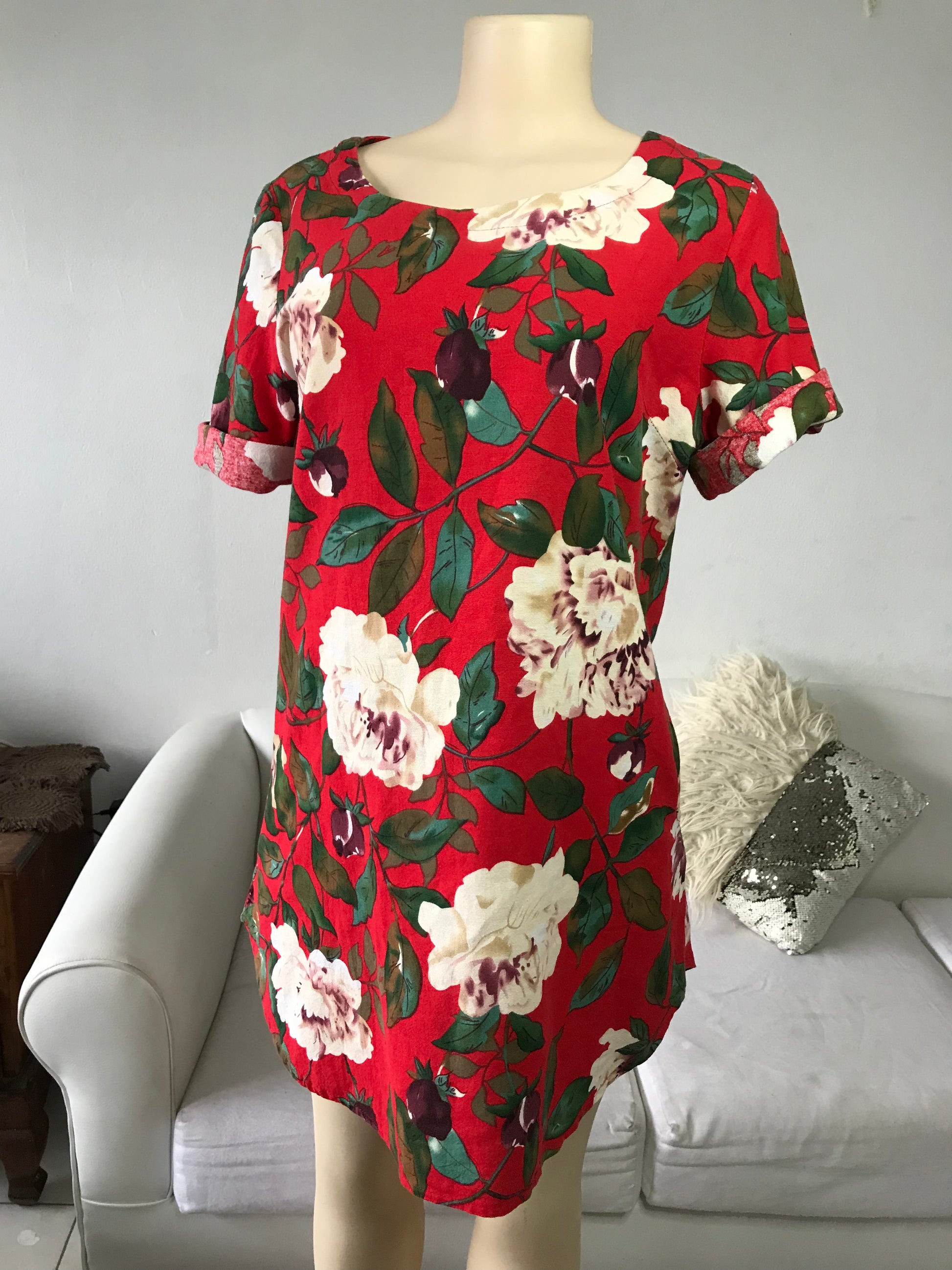 Red Rose Linen Feel Shirt-Dress - L