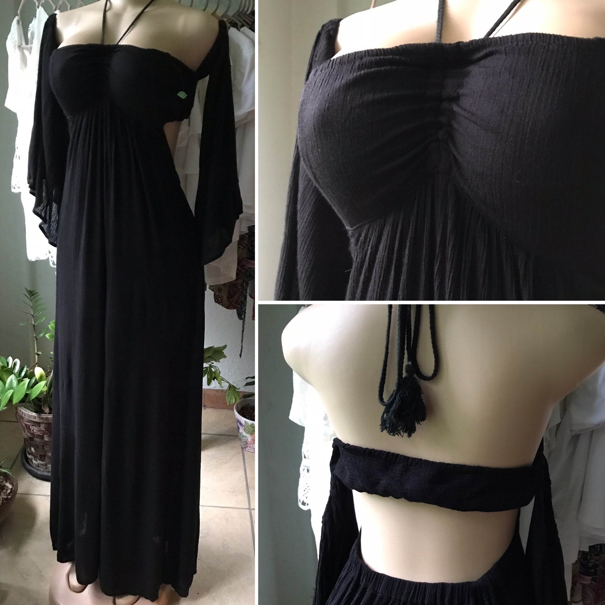 Backless Black Crinkle Jumpsuit Cold Shoulder