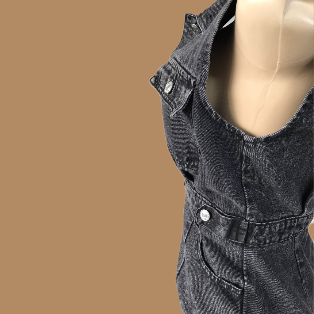 90s Denim Button Front Midi Dress Charcoal - S