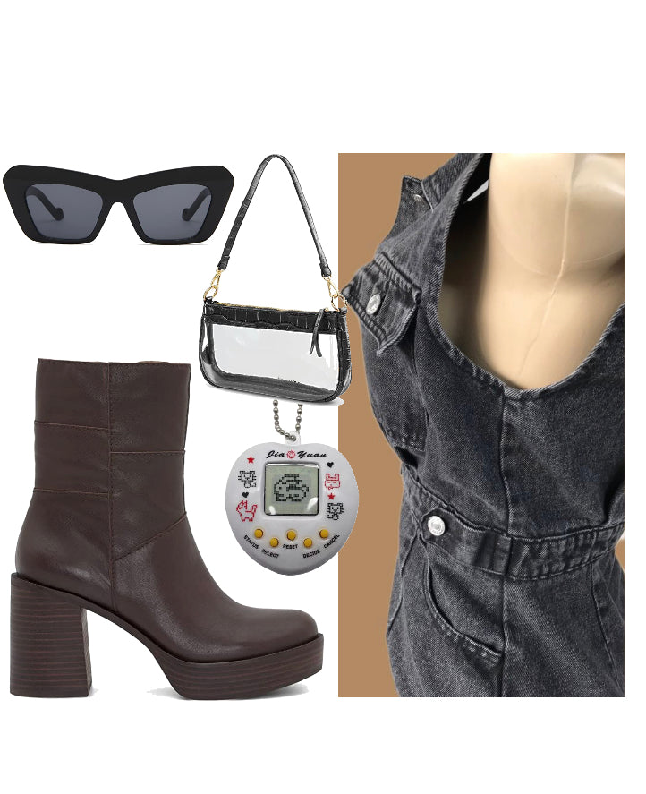 90s Denim Button Front Midi Dress Charcoal - S